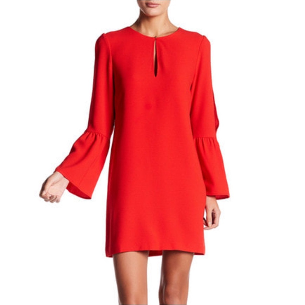Leyden Elegant Red Crepe‎ Bell Sleeve Shift Dress